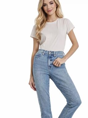 DKNY Women's High-Rise Slim Straight Scattered Rhine-Studs Jeans Size 25 NWT/
